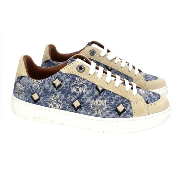 𝐌𝐂𝐌 𝐍𝐞𝐰 𝐢𝐧 𝐁𝐨𝐱 Jacquard Monogram Low Blue Denim Suede Sneakers - Picture 2 of 9